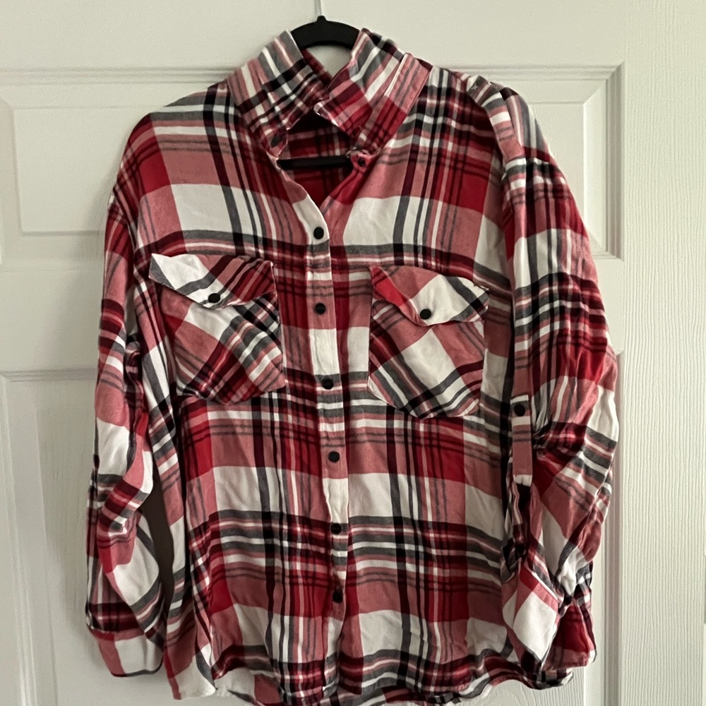 Red and White Plaid Button-Up Shirt